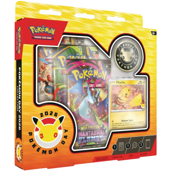Pokémon Day 2026 Collection geseald sealed product verpakking met Pikachu promo coin en 3 booster packs