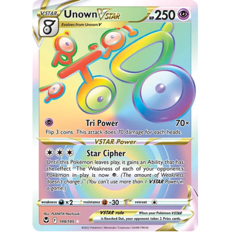 Unown VSTAR 199/195 Rainbow Rare Pokémon Silver Tempest kaart