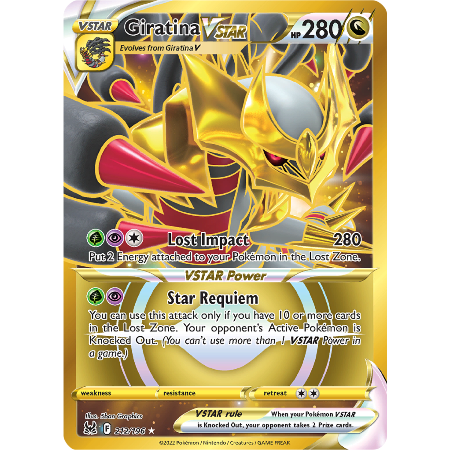 Giratina VSTAR 212/196 Lost Origin Giratina VSTAR 212/196 Gold Secret Rare Lost Origin Pokémon kaart